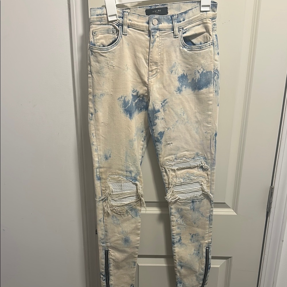 AMIRI Blue and Cream Skinny Jeans with Distressed Details